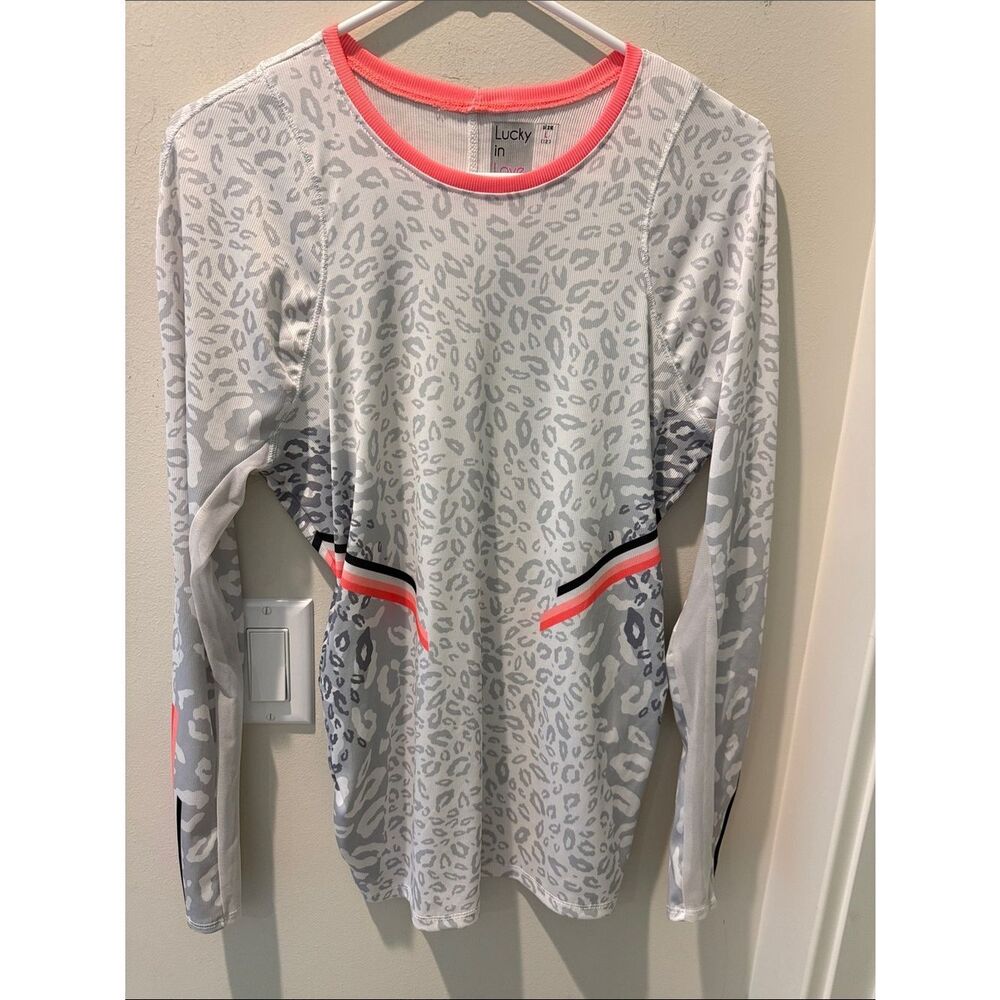 Lucky in Love White Top with Neon Coral Trim animal print mesh details size L